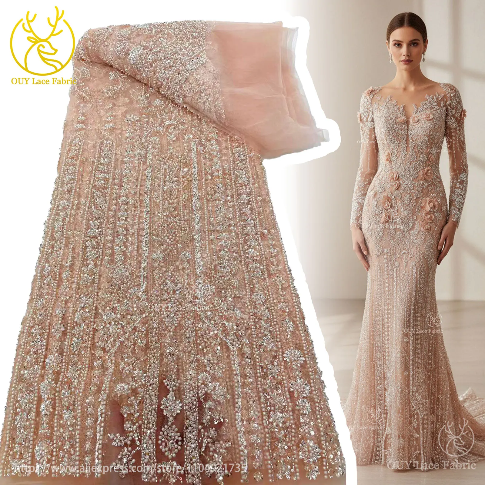 

Beautiful Elegant African Handmade Beaded Lace Fabric 2025 Fashion French Nigerian Sequins Embroidered Lace Wedding Dresses