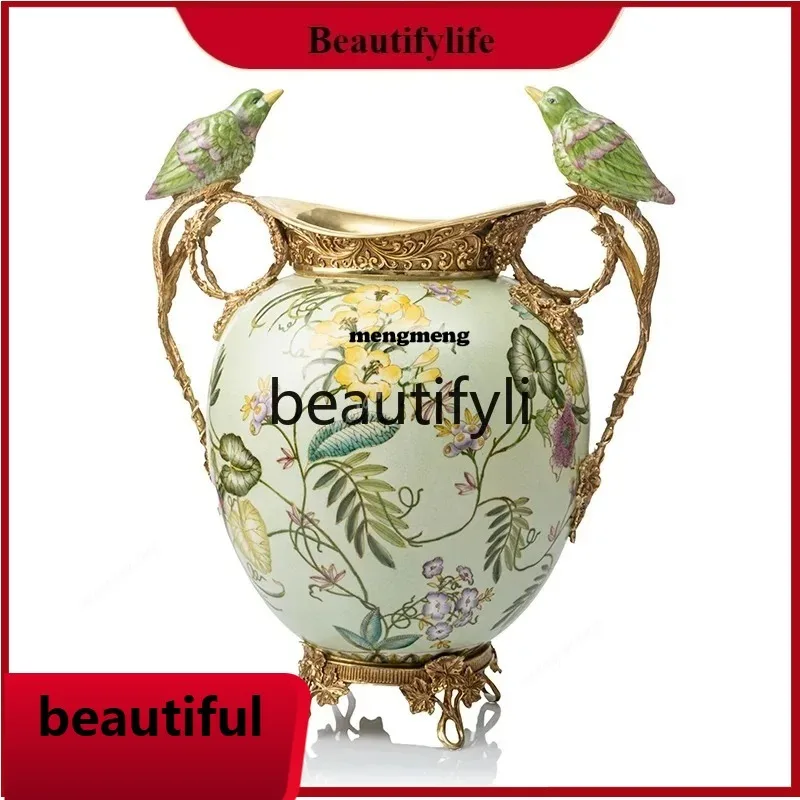Modern Simple Pastoral Peacock Bird White Ice Crack Ceramic Flower Vase Decorative OrnamentX