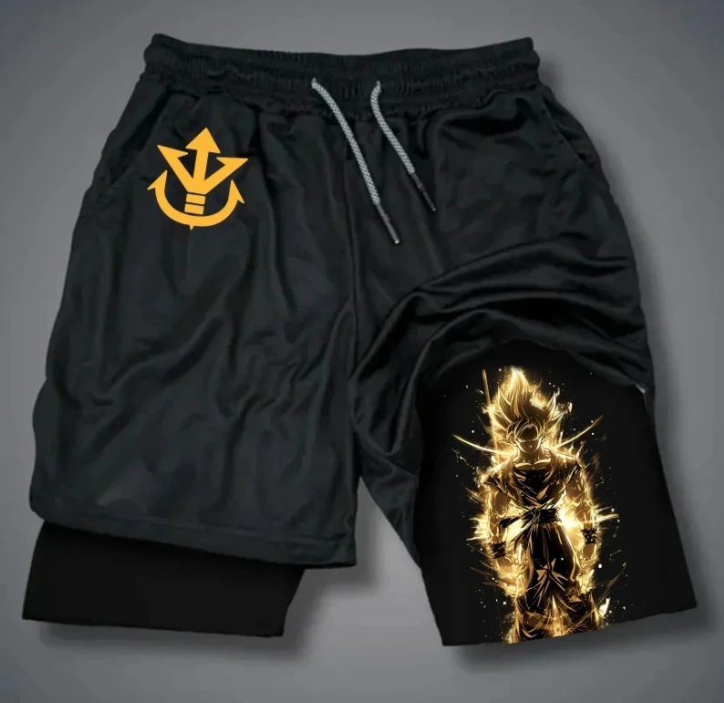 Shorts esportivos com tema Dragon Ball – duas peças, cordão elástico, bolso para moedas, alça para toalha, bolsos inclinados, forro reforçado