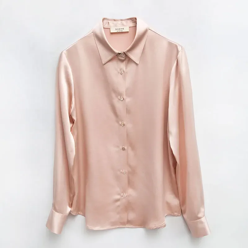 Women\'s French Style High Quality 40 MM Heavy Office Lady Solid Satin Silk Long Sleeve Shirt Ladies\' Blouse