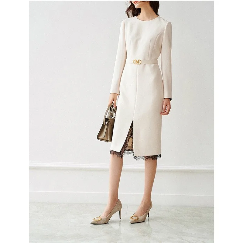 Vestido de senhora de escritório francês feminino, elegante, renda retalhada, decote em O, roupas femininas de manga comprida, alta qualidade, novo, primavera, 2022