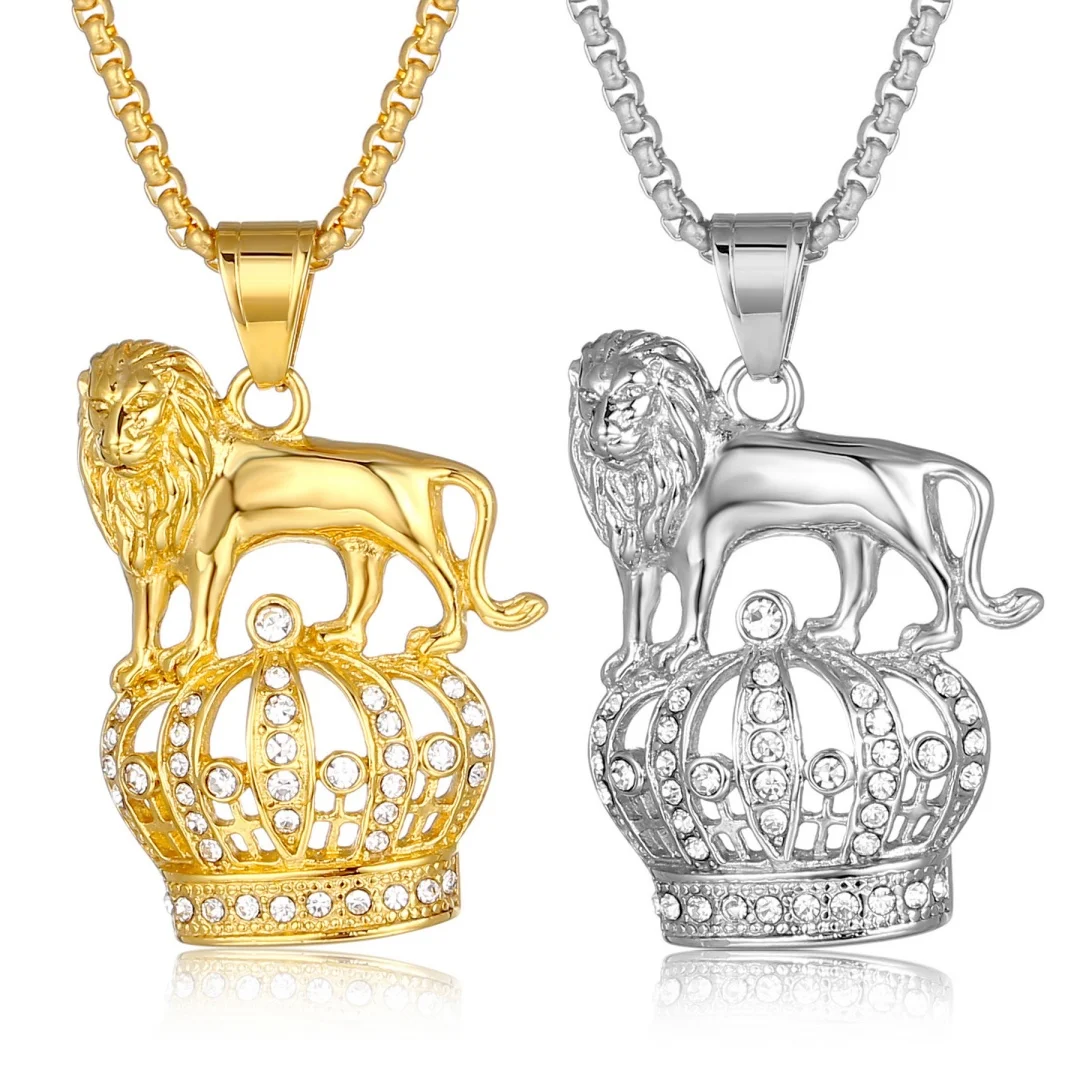 

Hip Hop Iced Out Tennis Crown Lion Pendant Gold Silver Color Stainless Steel Zirconia Animal Necklace for Woman Man Jewelry Gift