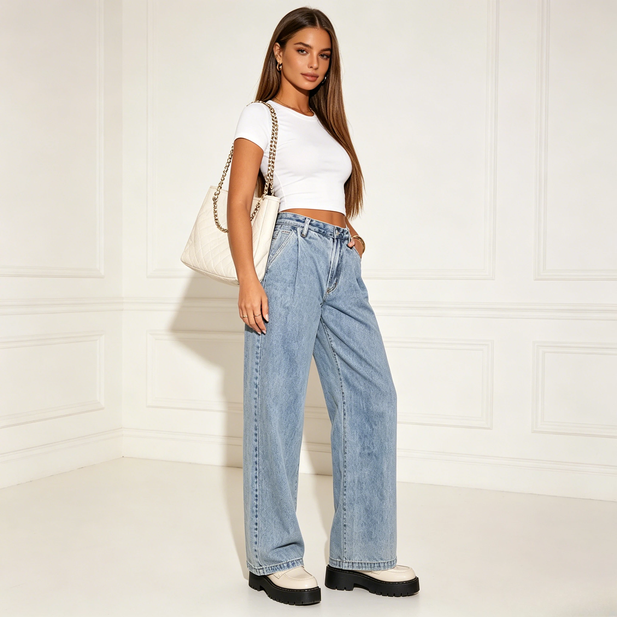 Y2k Jeans Wide Leg Denim Pants Women Jeans Floor Length Mid Waist Washed Distressed Pockets Button Straight Trousers Streetwear