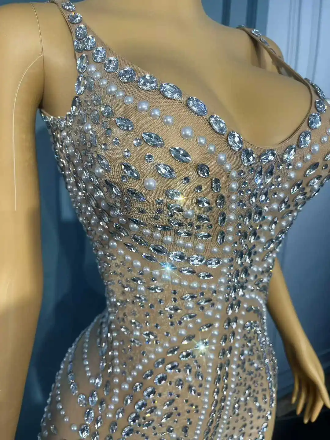 Luxury Twinkling Rhinestones Pearls Sexy V-neck High split Dress Evening Cocktail Birthday Party Gown Red carpet Stage Wear