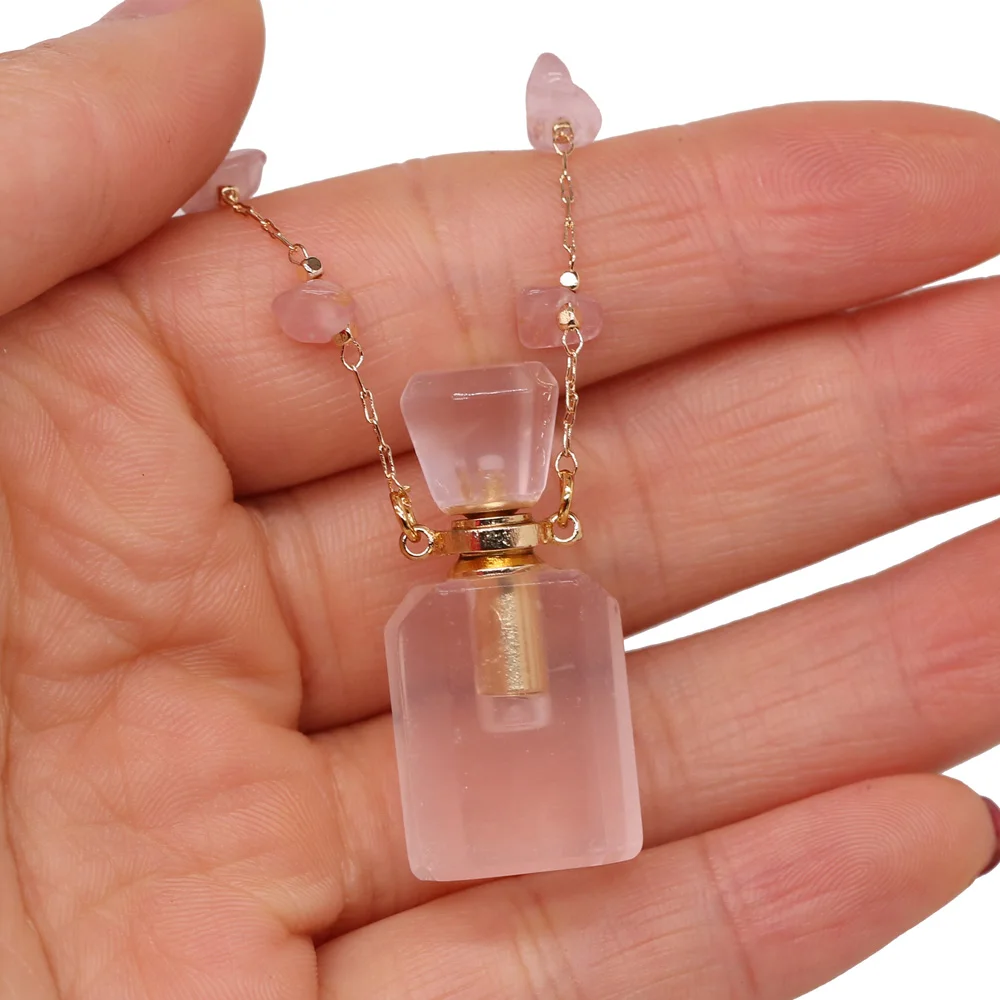 Natural Stone Rose Quartz Perfume Bottle Essential Oil Diffuser Reiki Healing Exquisite Necklace Jewelry Gift