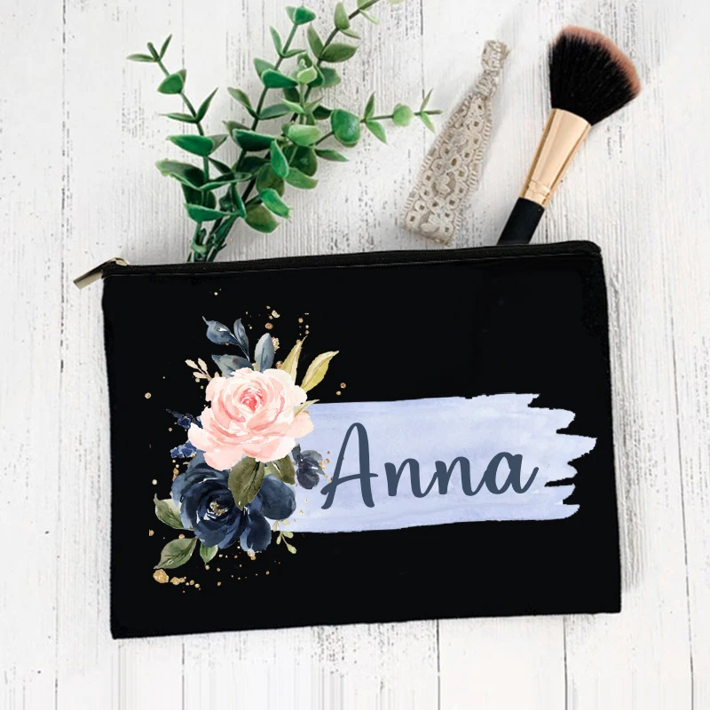 Personalized Makeup Bag Custom Flower with Name Cosmetic Case Travel Toiletries Organizer Birthday Holiday Wedding Gifts for Her