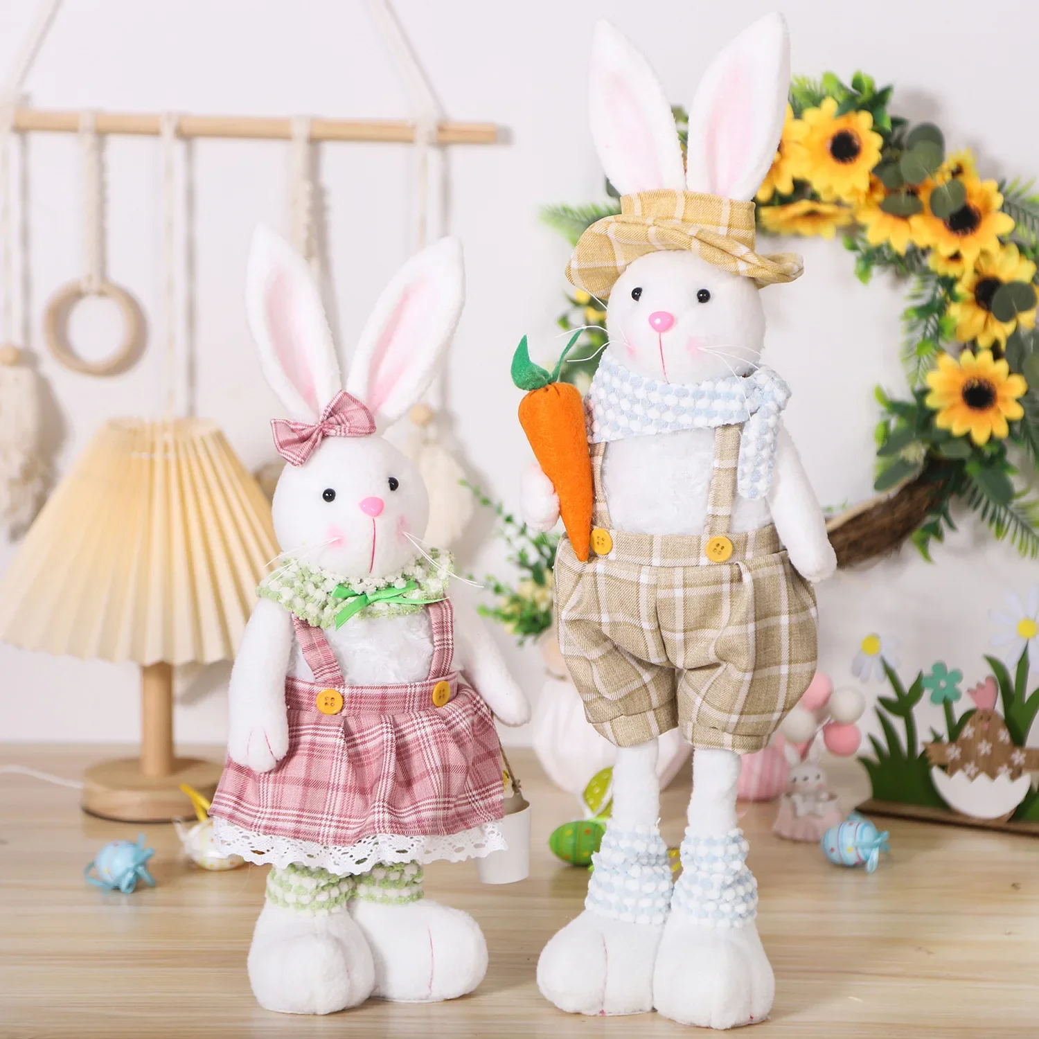 Lapin décoratif de pâques, dessin animé, jambe rétractable, Couple, poupée lapin, ornement de maison, salopette, jupe, poupée lapin, cadeaux de fête de pâques