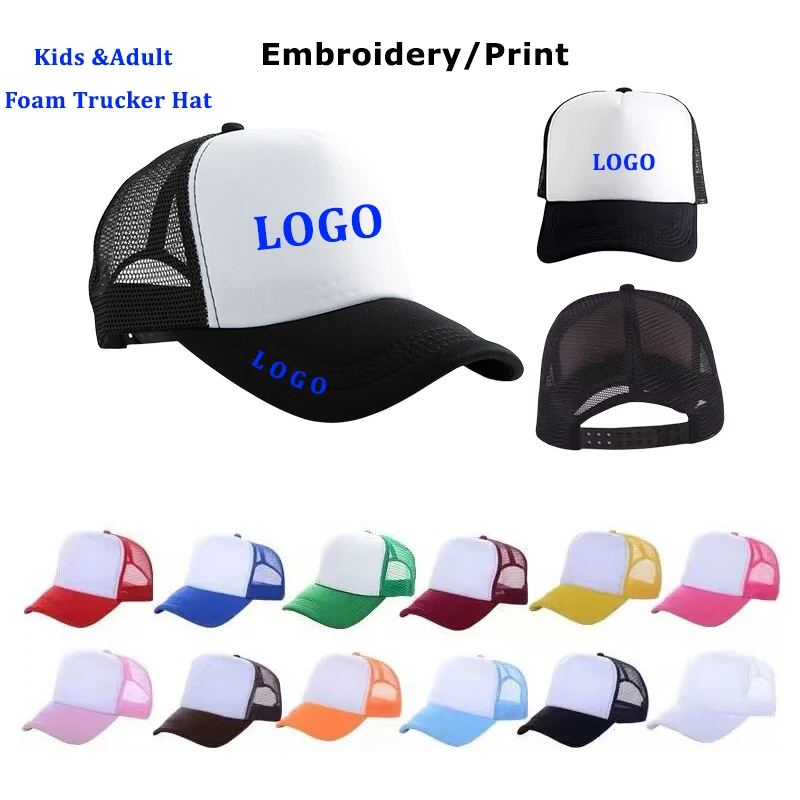 Custom Logo Kids Adult Foam Trucker Hat Summer Adjustable Dad Hat Popular Sports Cap Boy Girls Mesh Caps School Activity Gorras