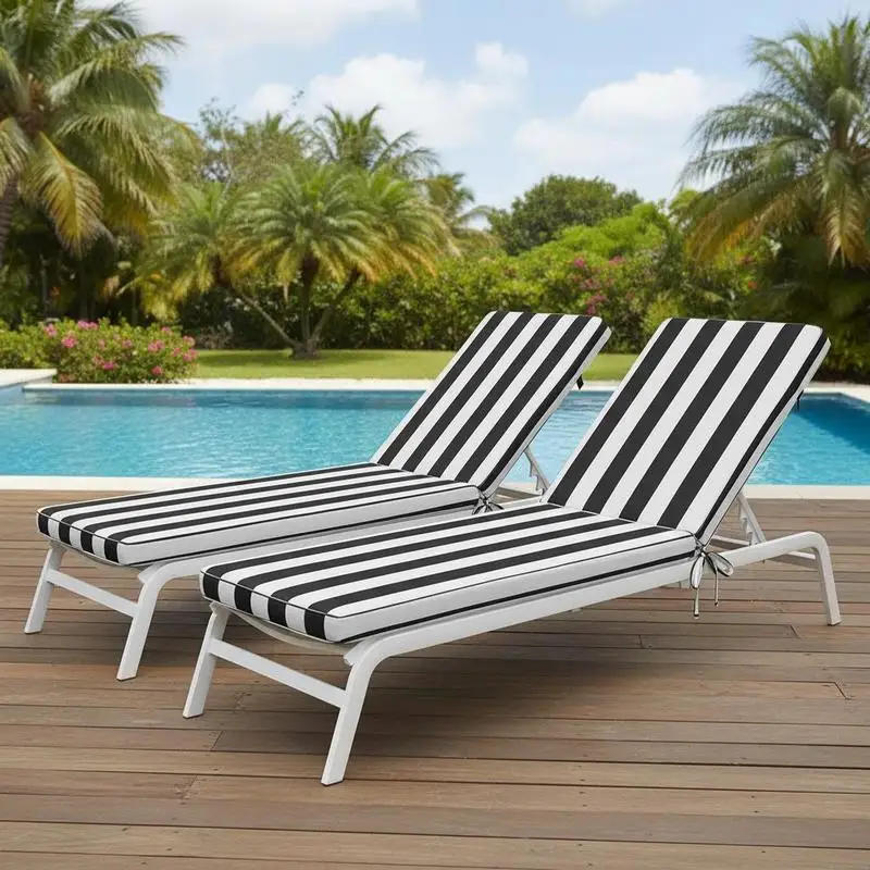 Patio Chair Pads 74 x 22 x 3 in For Poolside Deck Backyard, Fade-Resistant Sun Lounger Mats Set of 2 Ties Included Black White Stripes