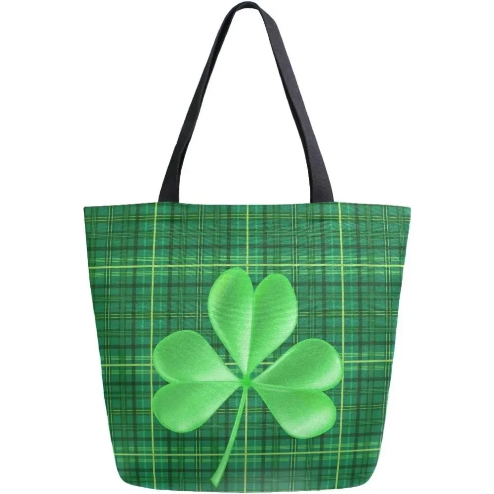 St Patrick's Day Tote Grocery Bag Shoulder Book Bag Large Shamrock Clover Bag Shopping Purse Handbag Reusable Multipurpose Use