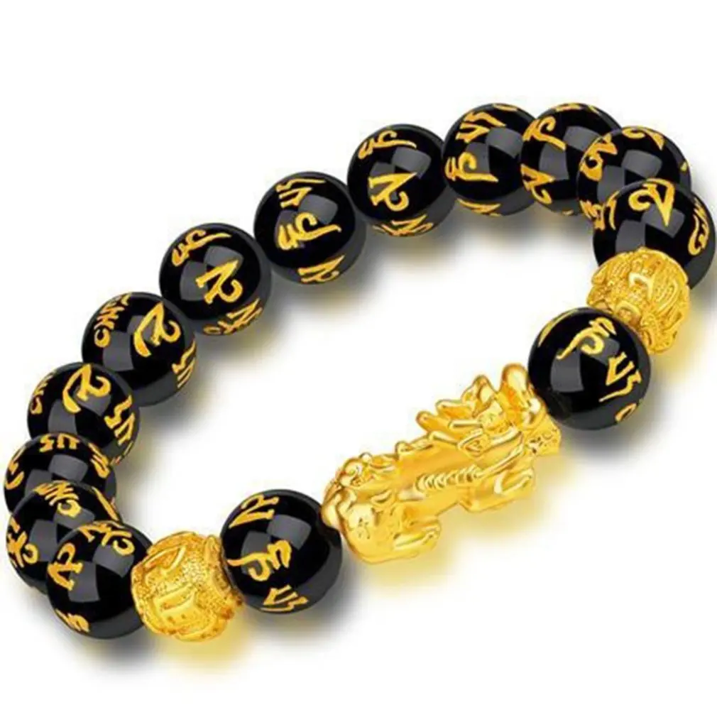 Feng Shui Gelang Manik-manik Batu Obsidian Gelang Pria Wanita Uniseks Gelang Emas Hitam Pixiu Kekayaan dan Keberuntungan Wanita Gelang