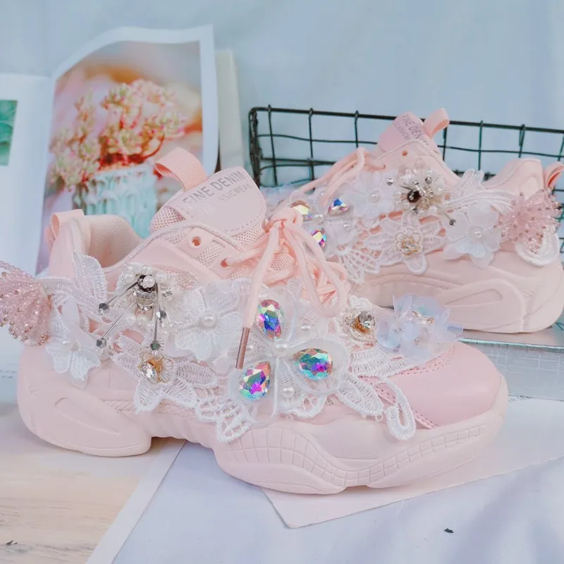 Peach Pink Lace Rhinestone Flowers Sweet Girl Dad Shoes Thick Soled Women's Shoes With Straps Lolita Sweet Single Shoes