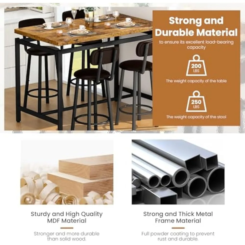 Dining Table Set for 4 Bar Kitchen Table and Chairs for 4, Counter Height Dinner Table with 4 PU Leather Upholstered Backrest