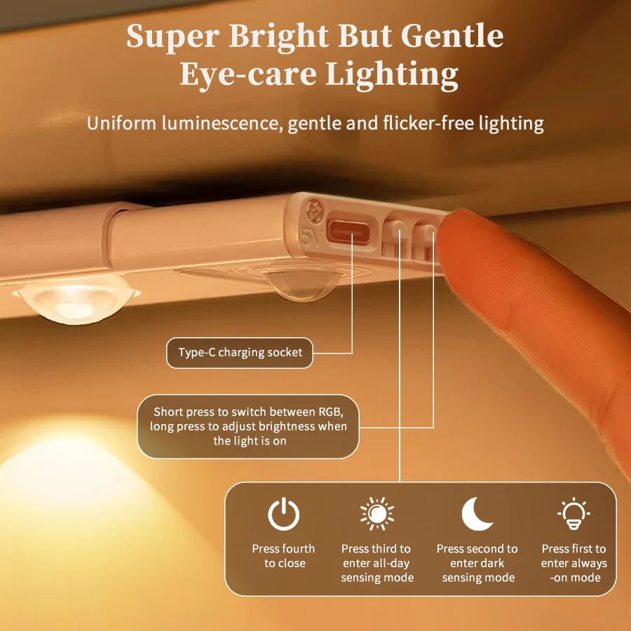 Motion Sensor LED Cabinet Light RGB Rechargeable Magnetic Under Counter Closet Lamp Wireless Night Light Bar Library Bedroom