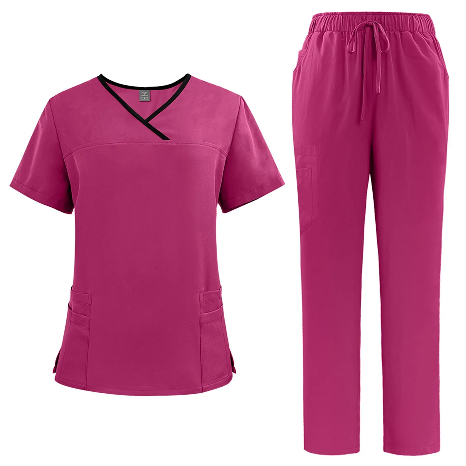

Women'S Nurse Uniform Quick-Drying Fabric Solid Color V-Neck With Black Edge Pockets Short-Sleeved Trousers Suit Work Clothes
