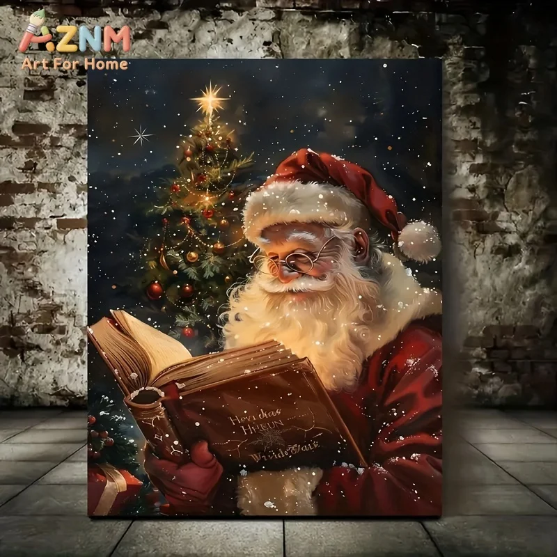 Retro Santa Claus and Reindeer Canvas Print Winter Gingerbread Hut Wall Art Poster Modern Living Room Christmas Home Decor Gifts
