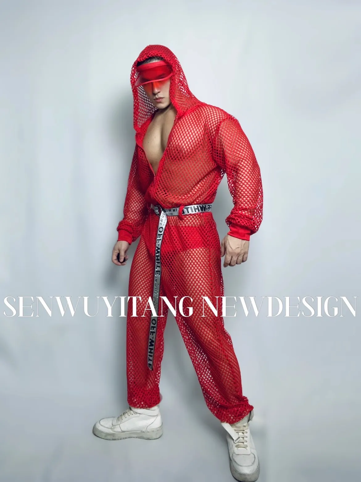 Christmas New Year Red Hollowed Jumpsuit+Briefs Sexy Gogo Nightclub Bar Singer DS Opening Show Stage Dance Performance Costumes