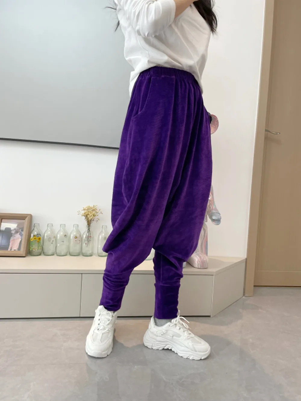 Purple Corduroy Baggy Cross-Pants Women Solid Color Harajuku Streetwear Jogger Fitness Sweatpants Sportswear Bottom Trousers