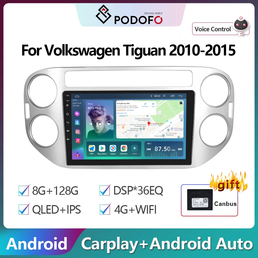 Podofo 2Din Android Car Radio Multimidia Video Player For Volkswagen Tiguan 2010-2015 GPS Navigation 2din Carplay Auto Stereo