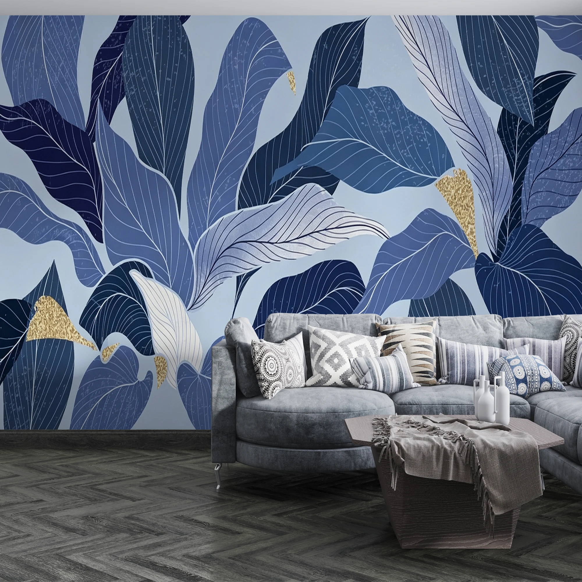 Custom 3D Mural Wallpaper Blue Tropical Leaf With Gold Foil  Wall Mural Modern Plant For Living Room Bedroom Home DecorHome Dec