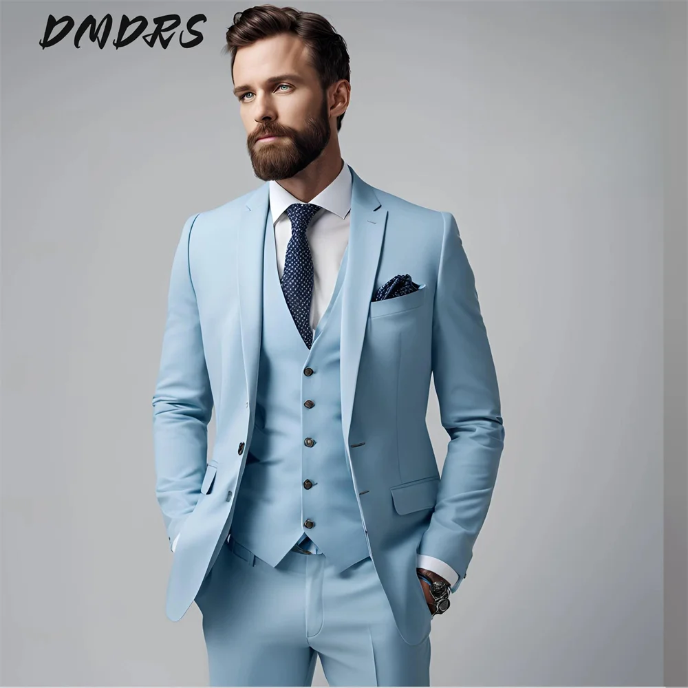 Elegant Sky Blue Men's Suit Set Classic Notched Lapel Men's Suit Jacket Vest Pants 3PCS Formal Business Men Solid Color Suit
