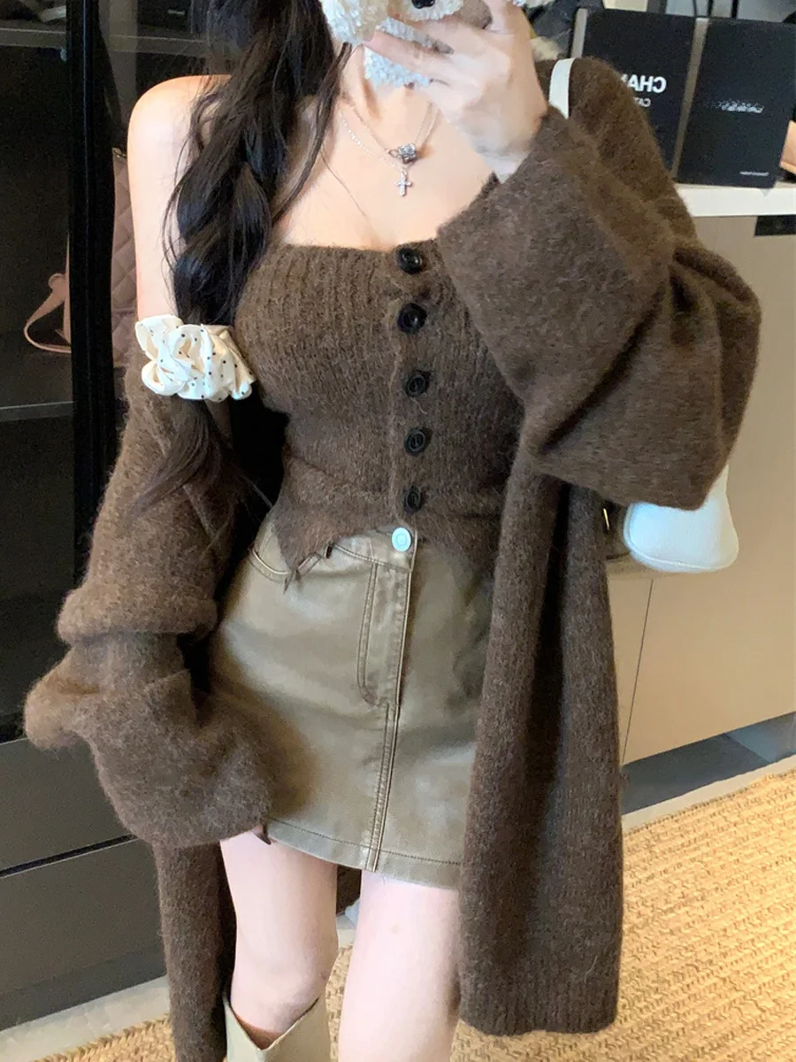 Korean Style Pure Desire Autumn Winter New Style Strapless Button down Base Shirt Sweater Outerwear Two Piece Set Lazy Top Women