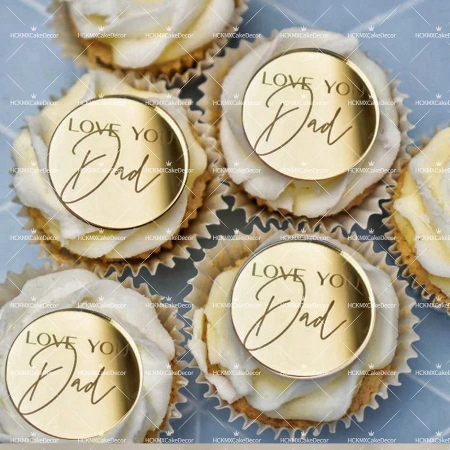 10 adornos para cupcakes del Día del Padre, acrílicos dorados con la inscripción "Feliz Día del Padre" y "Feliz Día Papá", para decorar pasteles en fiestas del Día del Padre.