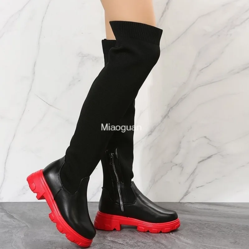 Women\'s Platform Over The Knee Boot Sexy Red Knitted Elastic Boots Long Boots Woman 2024 Winter Black Shoes Round Head Plus Size