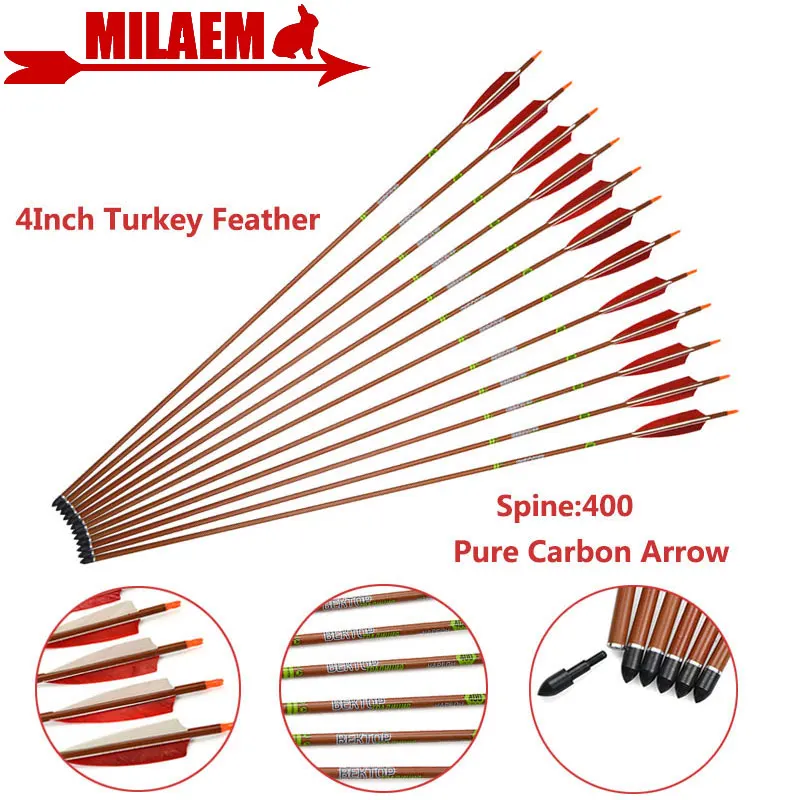 

6/12pcs 31.5inch Archery Pure Carbon Arrow Spine 400 4inch Turkey Feather ID6.2mm OD7.6mm Compound/Recurve Shooting Accessories