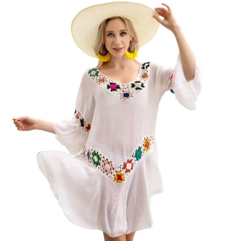 Color Hollow Hand Crochet Patchwork Summer Sundress for Women Flare Sleeve Light Thin Bikini Cover-up Dress Tunic