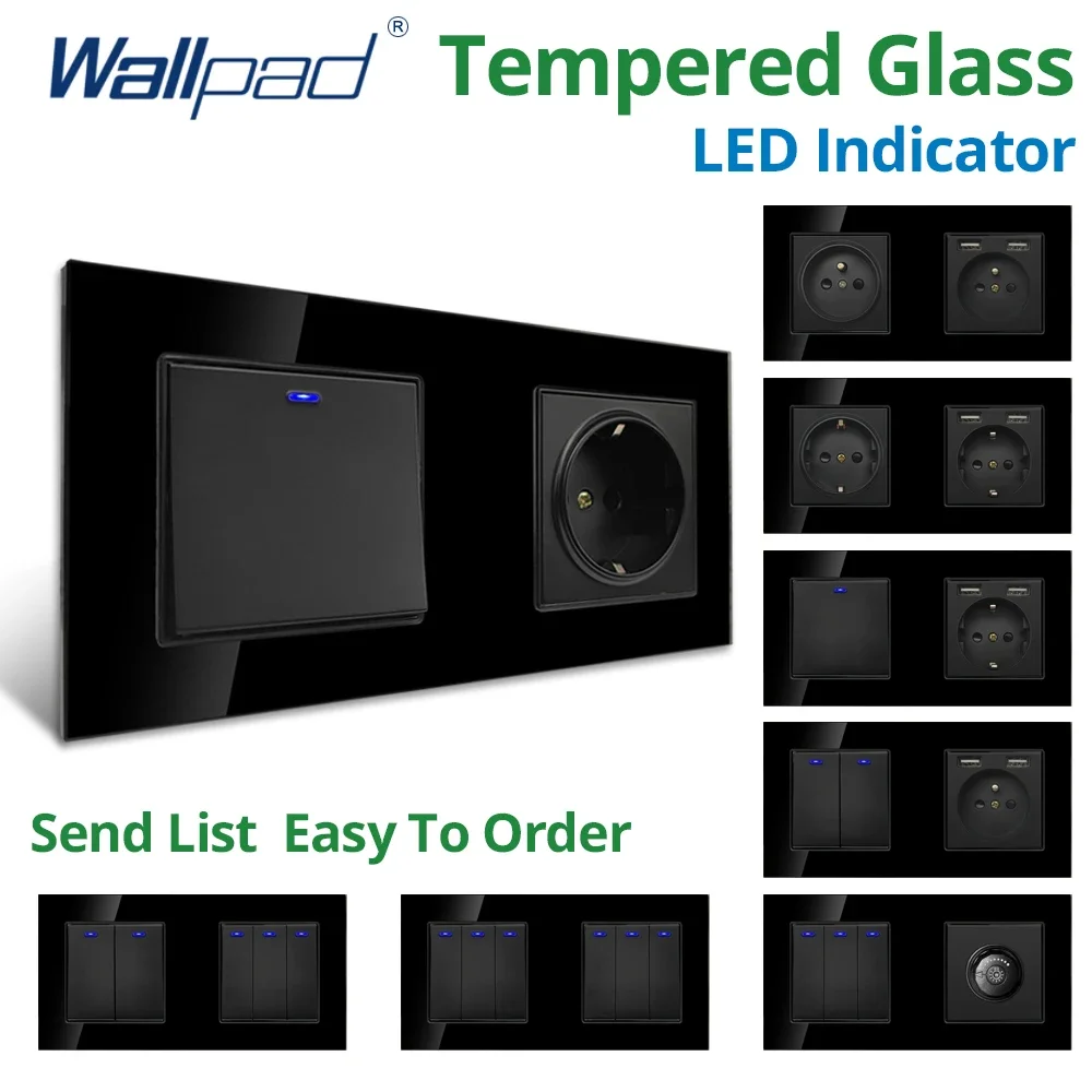 

Wallpad 172*86mm Black Glass Panel 5 6 7 8 Gang 2 Way Wall Light Switch LED Dimmer USB Charge Port EU Socket Outlet