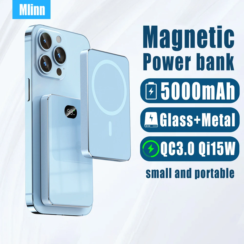 

5000mAh for MagSafe Powerbank Magnetic Wireless Power Bank Metal Glass QC 3.0 Qi 15W Portable External Battery for iPhone 13 12