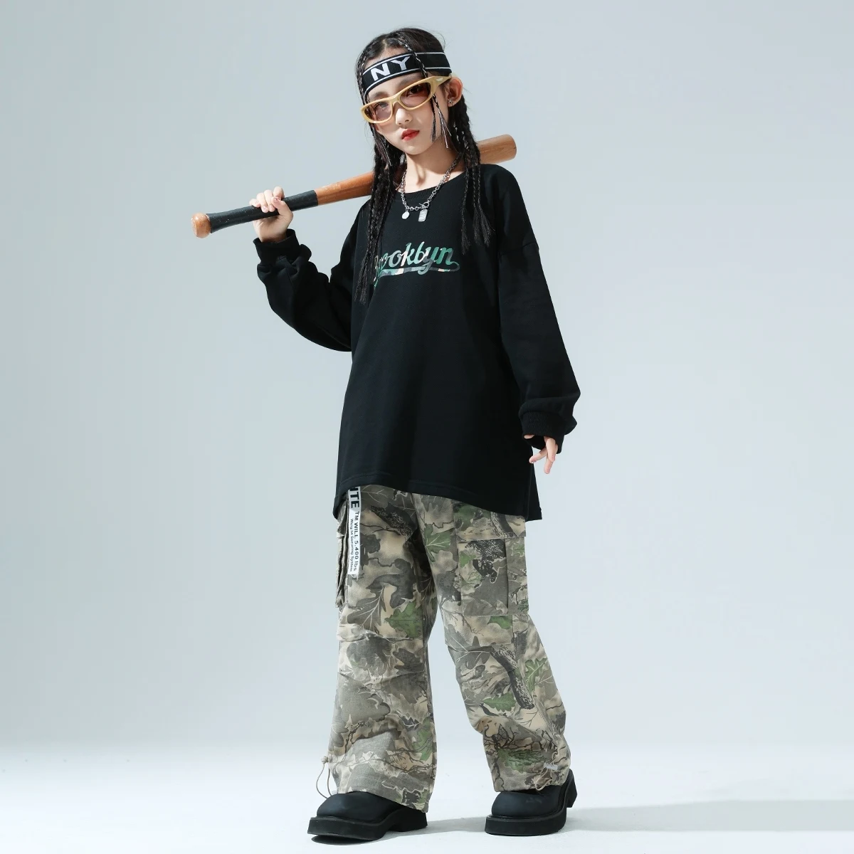 Kinder Kostüme Schwarz Langarm Tops Camouflage Cargo Hosen Street Dance Hip Hop Kinder Jazz Dance Performance Tragen DN20109