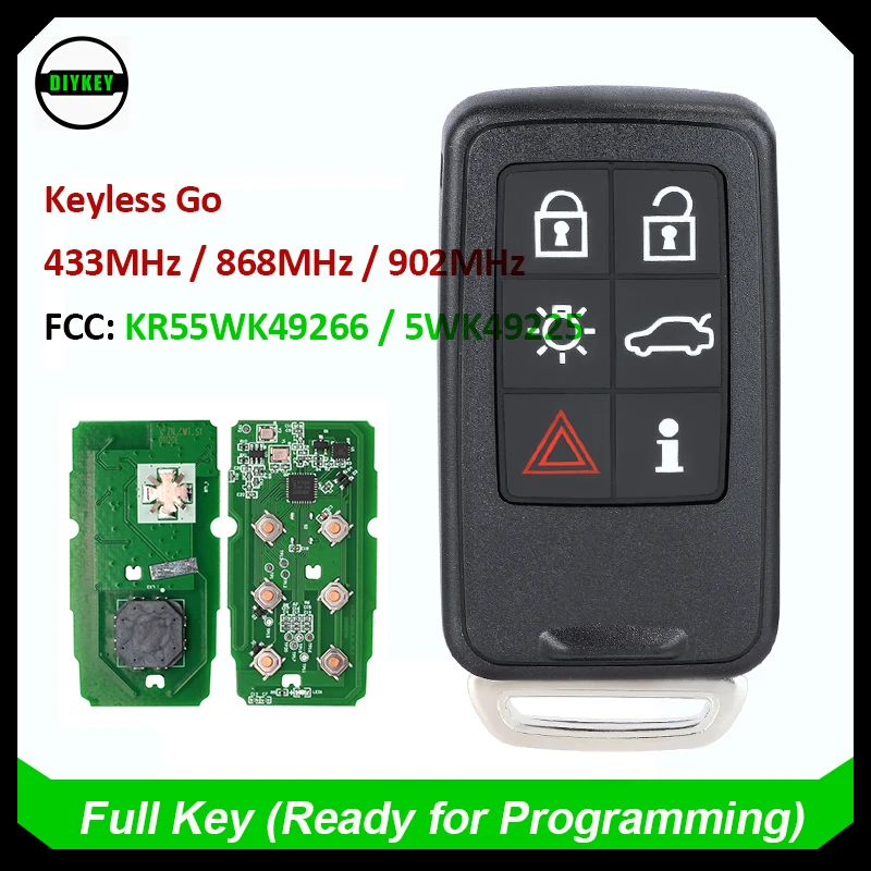 DIYKEY KR55WK49266 / 5WK49225 Keyless Go Smart Remote Key Fob 6 Button FSK 902MHz / 868MHz 434MHz for VOLVO S60 S80 V40 V60 V70 