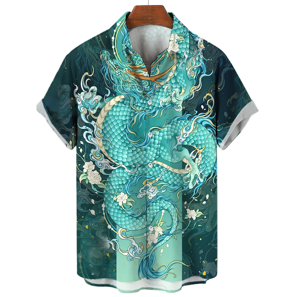 Hawaiiaans Heren Oversized Casual Shirt 3d Print Dragon En Tijger Luxe Streetwear Kleding Voor Korte Mouwen Revers Vintage XS-5XL