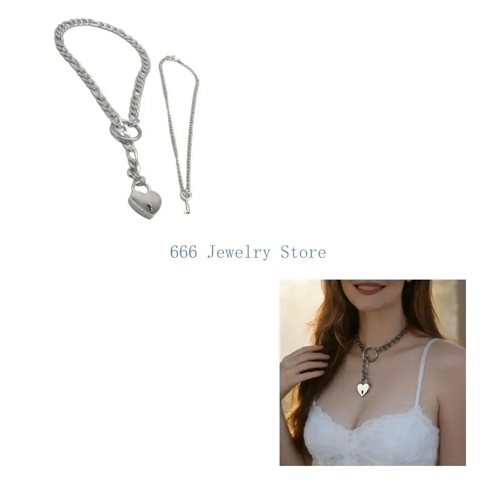 F2TD Pack of 2 Stainless Steel Heart Lock and Necklace Punk Rock Inspired Cuban Long Chain for Fashion Layering Outfit