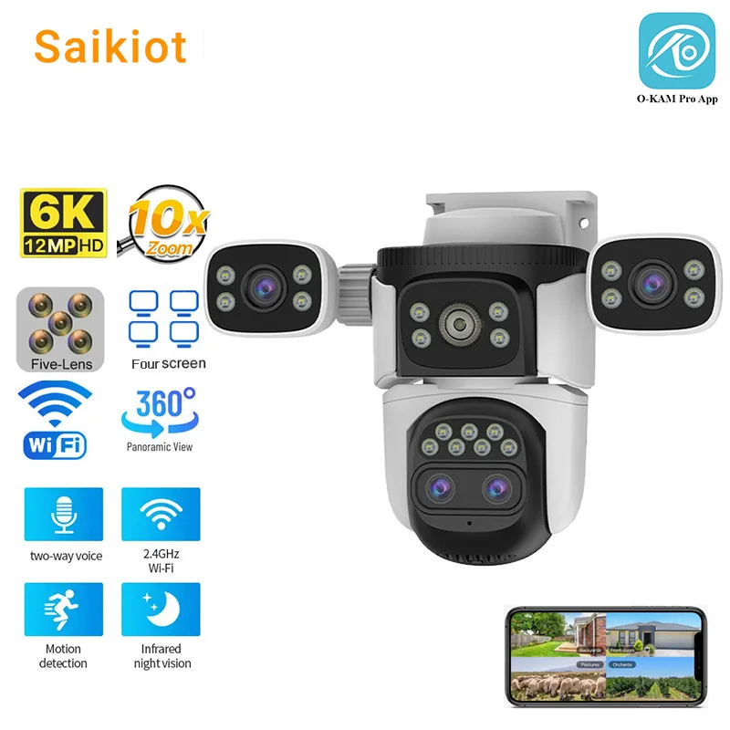 Saikiot O-KAM Pro 12MP 5 Lens 4 Screen PTZ Camera CCTV Security 4 Lens WIFI Camera Auto Tracking Color Vision 4 Lens CCTV Camera