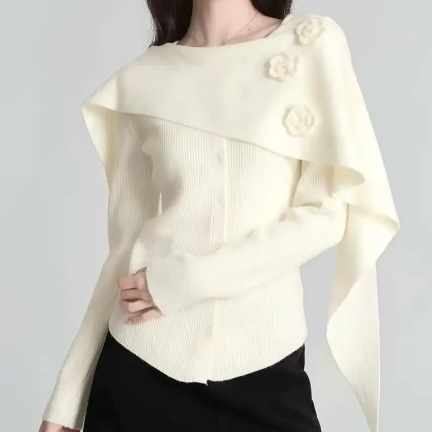 French Flower Embroidery Shawl Autumn Cape Knitted Sweater 2026 New Design Base Top