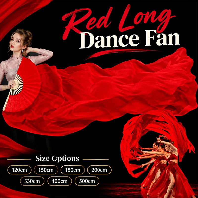 1.2/1.5/2/3.3/4/5m Red Extension Dance Fan Dancer Performance Prop Imitation Silk Square Dancing Dance Accessories Fans