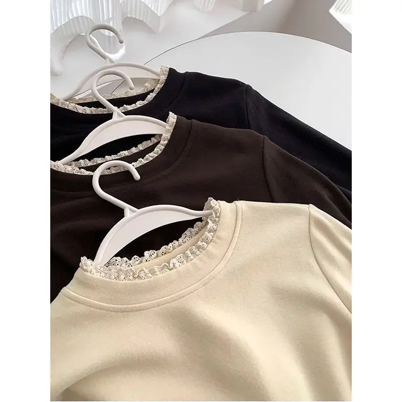 Lace Base Layer Shirt Women's Small Fragrance Style Inner Wear Half High Collar German Velvet Long Sleeve T-Shirt Autumn Wint...