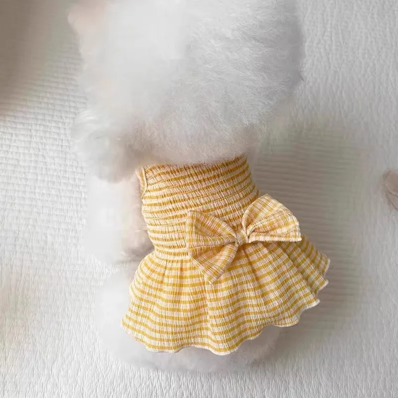 Summer Puppy Clothes Cute Dog Dress Dog Plaid Skirts Pet Bow Striped Dog Shirt Chihuahua Bichon Kitten Dog Clothing Pet Apparel