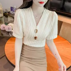 Lace Women's 2024 Summer V-neck T-Shirts Patchwork Fashion Solid Button Screw Thread Slim Fit Elegant Casual Short Sleeved Tops