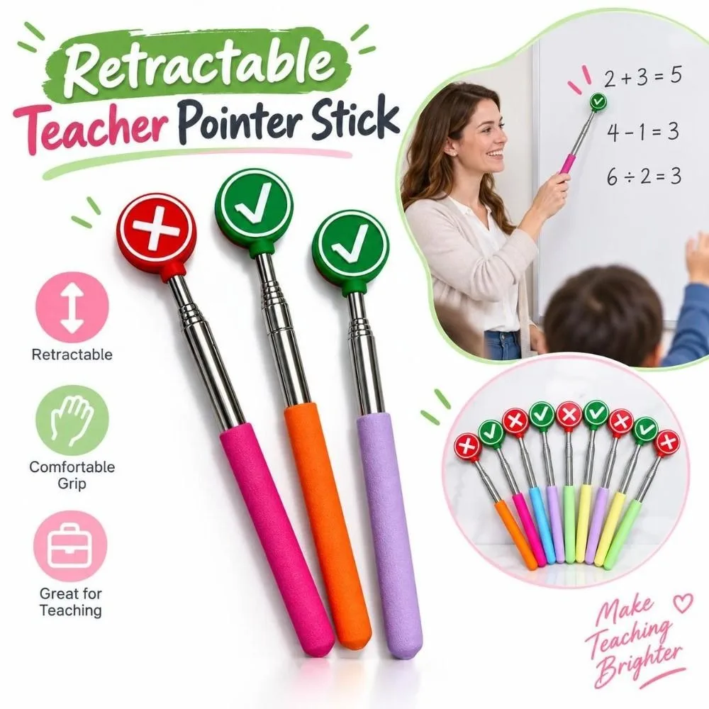 Retractable Teacher Pointer Stick Stainless Steel Non Slip Grip Teacher Pointer with Check and Cross Symbol