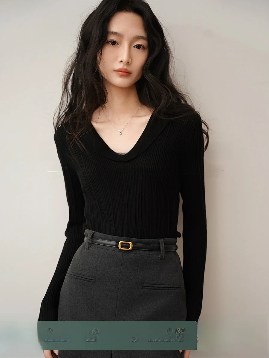 

Slim Fit V-Ne Knitwear Bla Women's Turn-down Collar Sweater Inner Wear Base irt Spring Autumn Commute Sle Soft Fabric