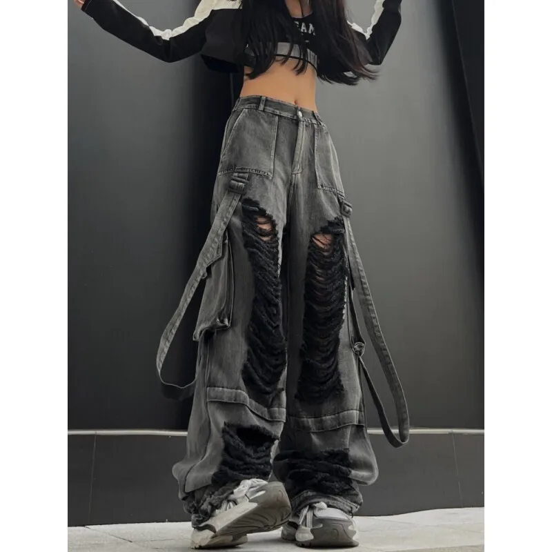 Womens Ripped Distressed Cargo Jeans Wide Leg Denim Pants with Ribbon Details for Hip Hop Jazz and Street Dance Performances