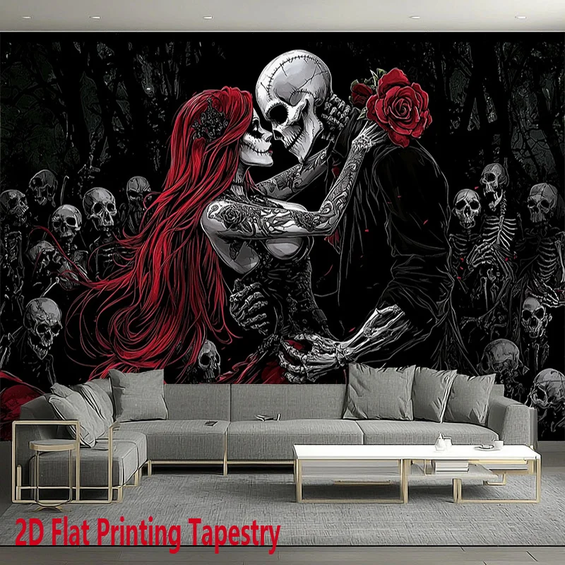 2D Flat, Skeleton Couple Kissing Red Hair Rose Gothic Horror Tapestry Halloween Wall Art Bedroom Decor Dark Fantasy Romance