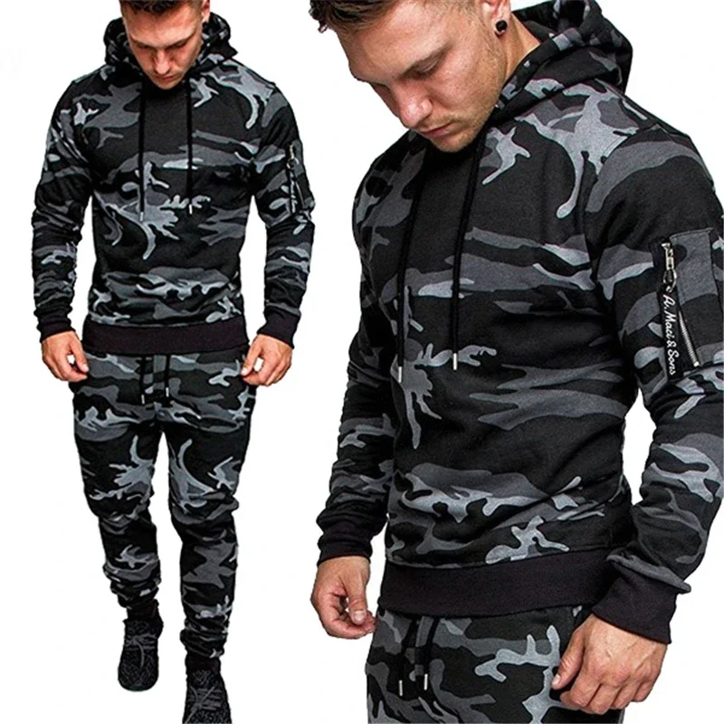 Men's sportswear set, two-piece casual running sportswear, warm and breathable, military tactical hoodie + pants.