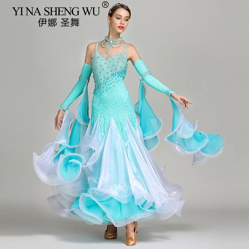 ชุดเต้นรำสมัยใหม่สำหรับผู้ใหญ่ ผู้หญิง ชุดเดรสผ้าชีฟองเปิดหลัง ทรงสวิงขนาดใหญ่ ชุดเต้นรำมาตรฐานระดับชาติ ชุดแสดงวอลทซ์ ชุดราตรี
