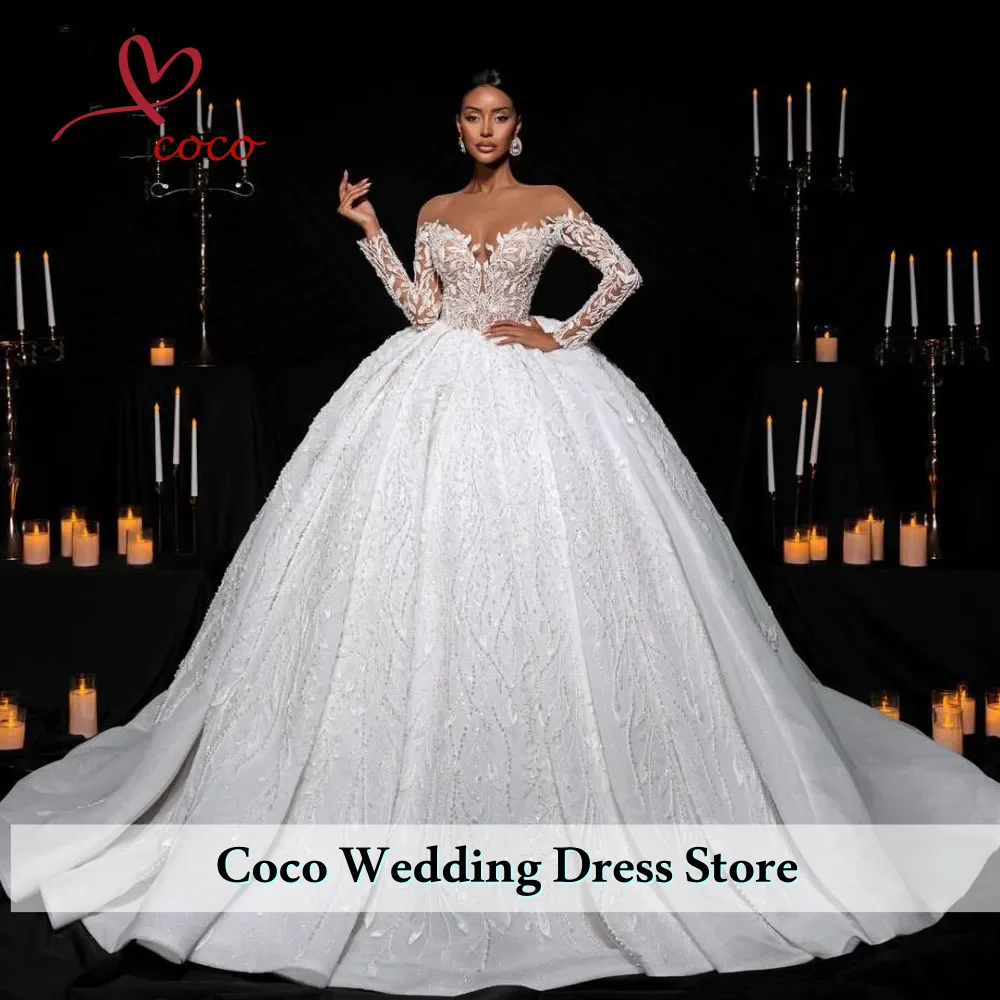 تخصيص رائعة متلألئة اللؤلؤ يزين فستان زفاف الأميرة متواضع س الرقبة طويلة الأكمام فستان زفاف Vestido De Novia