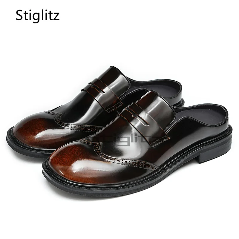 Brogue Cowhide Half Slippes for Men British Style Business Casual Stylish Slip On Round Toe Summer Genuine Leather Mules Shoes